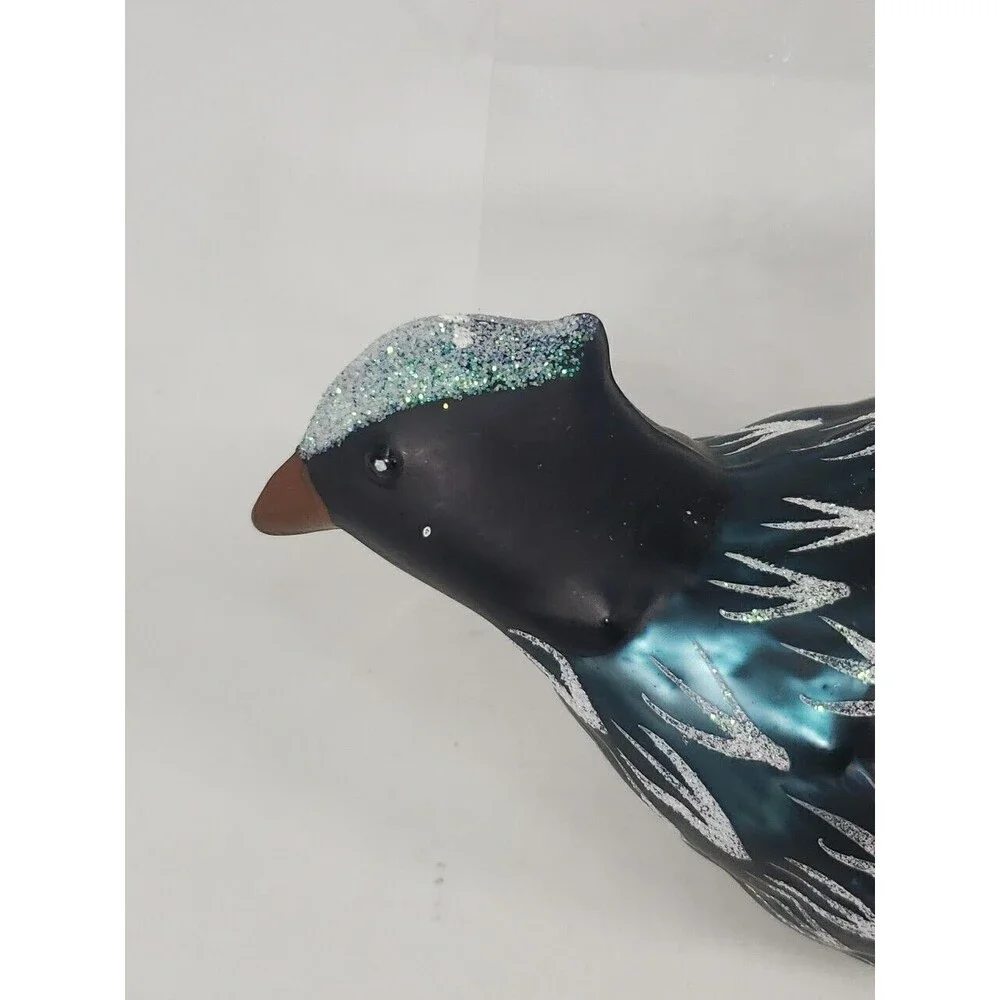 Blown Glass Bird Christmas Tree Ornament Feathers Glitter Dark Green Unique